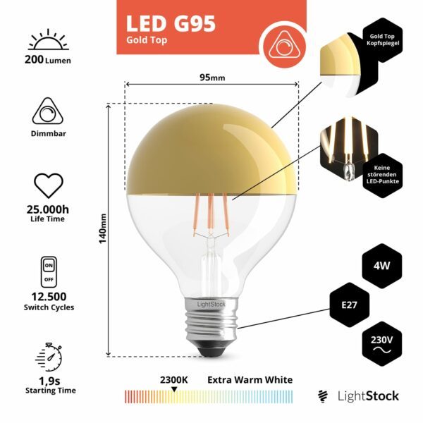 Spezifikationen für E27 LED Gold Top, Kopfspiegelleuchte Globe G95, 4 W, dimmbar