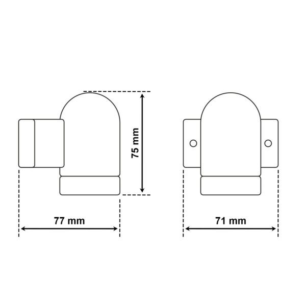 Dimensionen für Wandfassung aus glasiertem Porzellan, Lampenfassung E27, 90° abgewinkelt