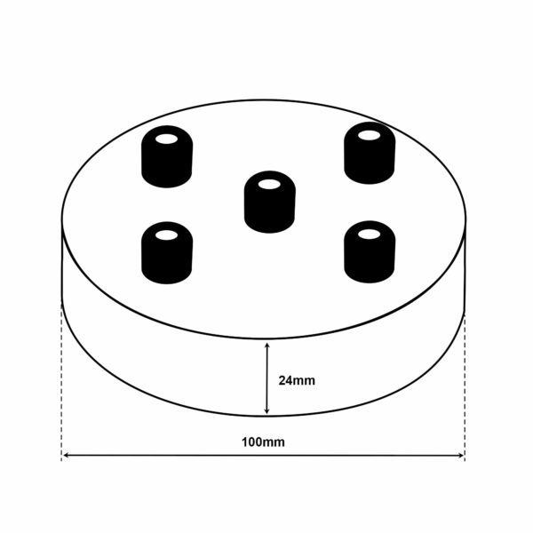 Dimensionen für Deckenbaldachin aus eisen 100x24mm mit 5 Kabelauslässen inkl. Zugentlastung aus Messing