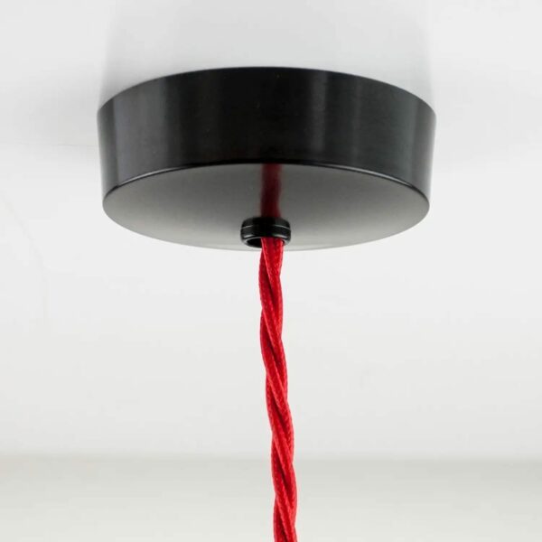 Deckenbaldachin aus Duroplast (Bakelit-Optik) mit Anschlussblock, schwarz mit textilkabel rot