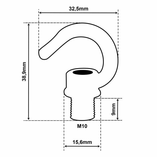 Dimensionen für Haken aus Messing, M10x1 Außengewinde