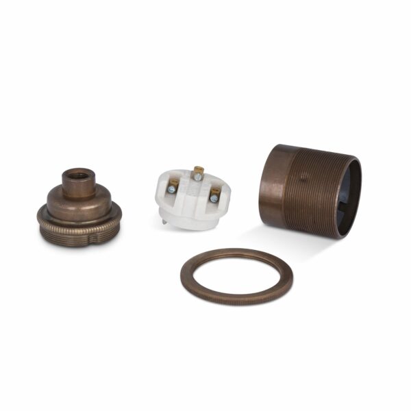 Komponenten von Vintage Lampenfassung E27 aus Messing Old English +1 Gewindering M10-Gewinde