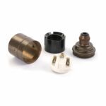 Komponenten von Vintage Lampenfassung E27 aus Messing Old English, Glattmantel, mit Zugentlastung