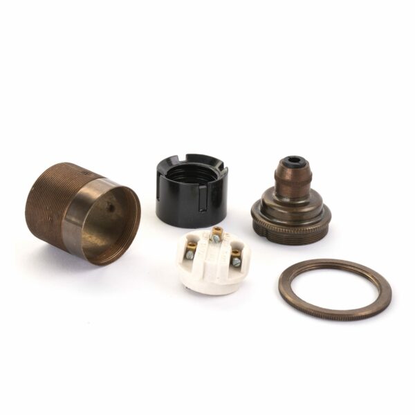 Komponenten von Vintage Lampenfassung E27 aus Messing Old English inkl. 1 Gewindering mit Zugentlastung