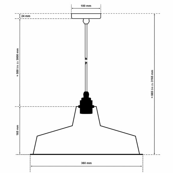 Dimensionen für Vintage Industrieleuchte mit Lampenschirm aus emailliertem Stahlblech 36cm