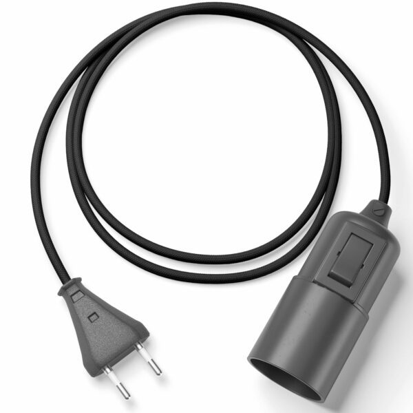 Plug-In Textilkabel Schwarz mit Lampenfassung aus Thermoplast Glattmantel Schwarz mit Schalter