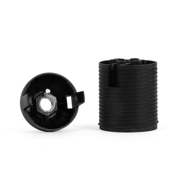 Komponenten für E27 Gewindemantel-Lampenfassung aus Thermoplast Schwarz, mit Rastkappe