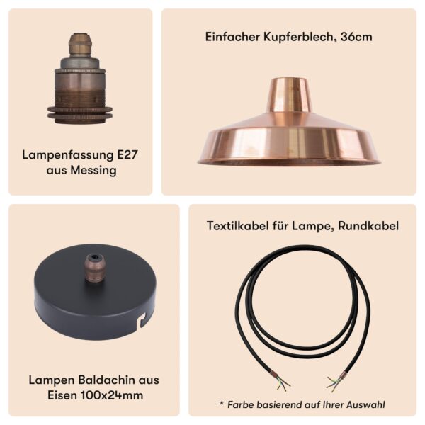 einfacher-kupferblech-lampenschirm-36cm-lampenfassung-e27-old-english-deckenbaldachin-schwarz-textilkabel-schwarz