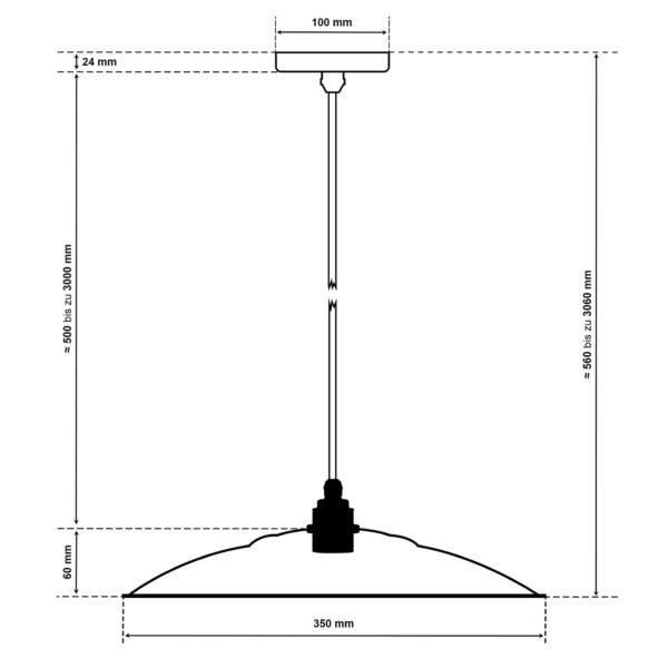 Dimensionen für Industrielampe, flacher Lampenschirm aus emailliertem Stahlblech, 35cm