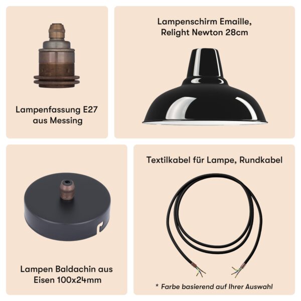 Lampenschirm Emaille Relight Newton 28cm Schwarz + Lampenfassung E27 Old English + Deckenbaldachin Schwarz + Textilkabel Schwarz