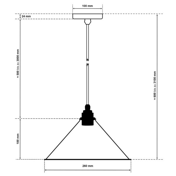 Dimensionen für Vintage Industrieleuchte mit Lampenschirm aus emailliertem Stahlblech konisch 26cm