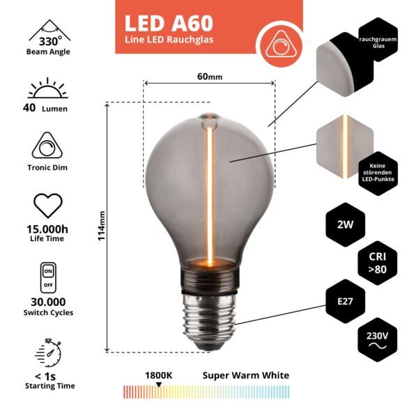 LED Filament Leuchtmittel, LINE, Smoke, Bulb A60, E27, 2W, 40lm, 1800K, dimmbar