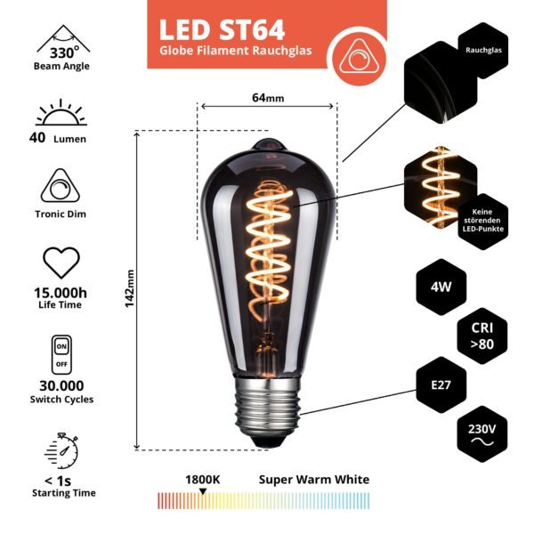 LED Filament Leuchtmittel, SPIRAL, Edison ST64, E27, 4W, 40lm, 1800K, dimmbar