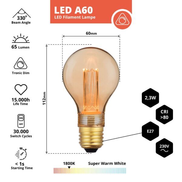 LED Filament Leuchtmittel, Vintage Dekoleuchte, Bulb A60, E27, 2.3W, 65lm, 1800K, dimmbar