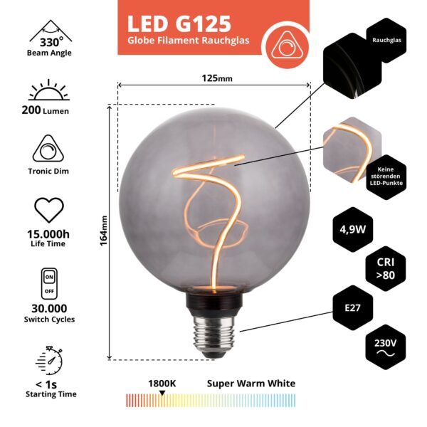 LED Filament Leuchtmittel, YARN GLOBE, Smoke, Globe G125, E27, 4.9W, 100lm, 1800K, dimmbar