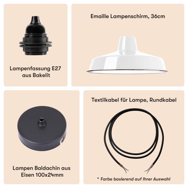 Einfacher Emaille Lampenschirm 36cm Weiß + Lampenfassung E27 Bakelit + Deckenbaldachin Schwarz + Textilkabel Schwarz
