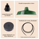 Einfacher Emaille Lampenschirm 46cm Dunkelgrün + Lampenfassung E27 Bakelit + Deckenbaldachin Schwarz + Textilkabel Schwarz