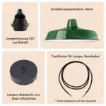Einfacher Emaille Lampenschirm 46cm Dunkelgrün + Lampenfassung E27 Bakelit + Deckenbaldachin Schwarz + Textilkabel Schwarz Einfacher Emaille Lampenschirm 46cm Dunkelgrün + Lampenfassung E27 Bakelit + Deckenbaldachin Schwarz + Textilkabel Schwarz