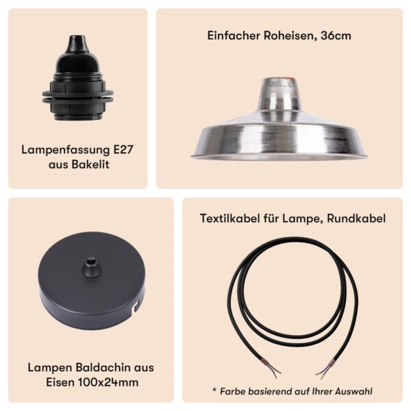 Einfacher Roheisen Rostaffin Lampenschirm 36cm + Lampenfassung E27 Bakelit + Deckenbaldachin Schwarz + Textilkabel Schwarz