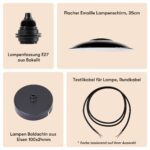 Flacher Emaille Lampenschirm 35cm Schwarz + Lampenfassung E27 Bakelit + Deckenbaldachin Schwarz + Textilkabel Schwarz