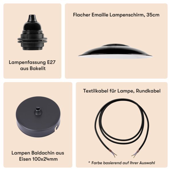 Flacher Emaille Lampenschirm 35cm Schwarz + Lampenfassung E27 Bakelit + Deckenbaldachin Schwarz + Textilkabel Schwarz