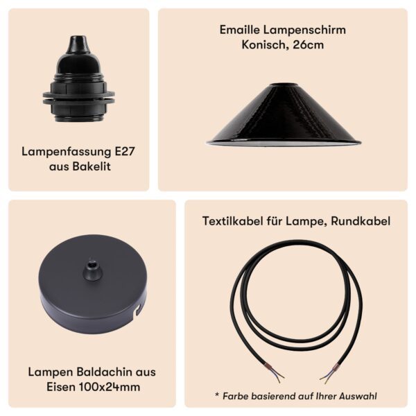 Konisch Emaille Lampenschirm 26cm Schwarz + Lampenfassung E27 Bakelit + Deckenbaldachin Schwarz + Textilkabel Schwarz