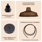 Lampenschirm pulverbeschichtet Corten-Stahl 36cm + Lampenfassung E27 Bakelit + Deckenbaldachin Schwarz + Textilkabel Schwarz