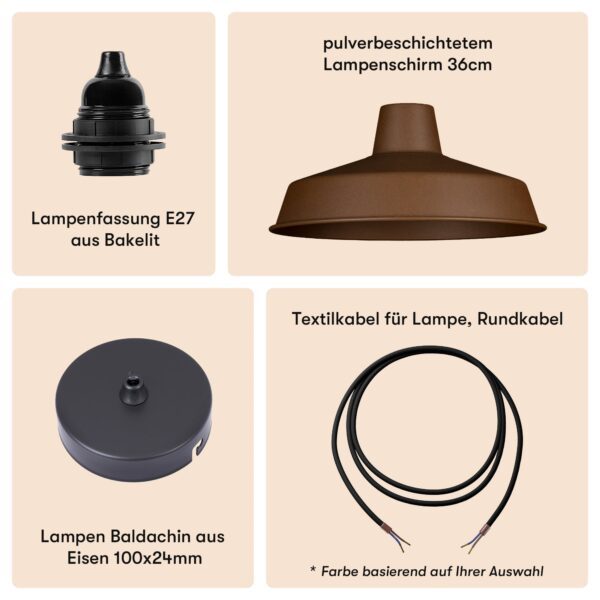 Lampenschirm pulverbeschichtet Corten-Stahl 36cm + Lampenfassung E27 Bakelit + Deckenbaldachin Schwarz + Textilkabel Schwarz