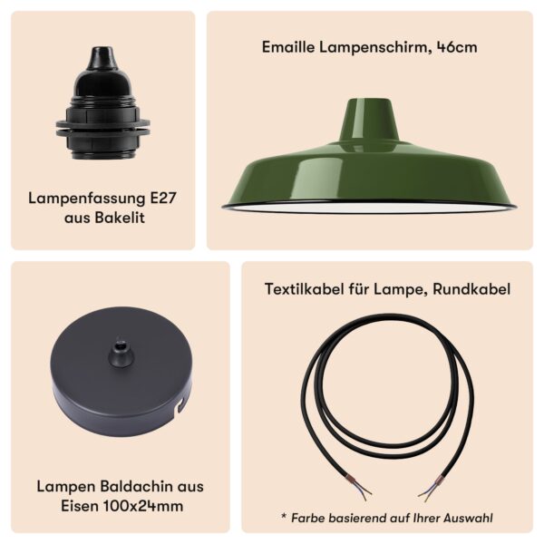 Einfacher Emaille Lampenschirm 46cm Dunkelgrün + Lampenfassung E27 Bakelit + Deckenbaldachin Schwarz + Textilkabel Schwarz