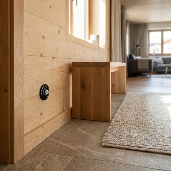 Lightstock Retro Bewegungsmelder aus schwarzem Porzellan an Holzverkleidung im Chalet-Flur
