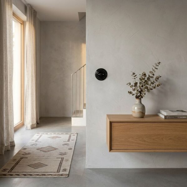 Lightstock Retro Drehdimmer aus schwarzem Porzellan an heller Putzwand im Flur mit Treppe und Eukalyptus