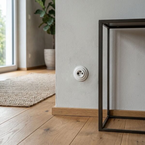 Lightstock Retro SAT-Antennendose aus weißem Porzellan an Putzwand neben Beistelltisch aus Metall