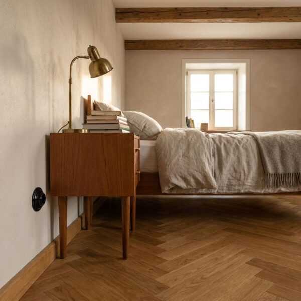 Lightstock Retro Schuko-Steckdose aus schwarzem Porzellan im Landhaus-Schlafzimmer neben Teak-Nachttisch