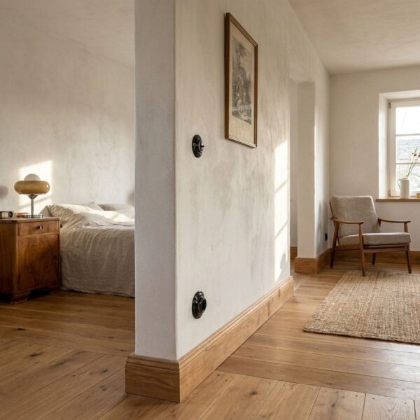 Lightstock Retro Steckdose aus schwarzem Porzellan an Altbauwand mit Holzsockelleiste zwischen Schlafzimmer und Wohnraum