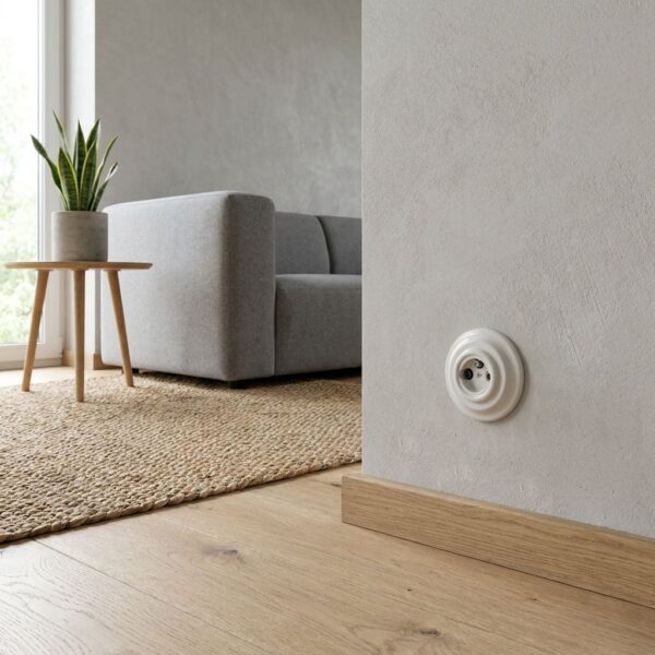 Lightstock Retro TV-Dose aus weißem Porzellan an heller Wand im Wohnzimmer mit grauem Sofa