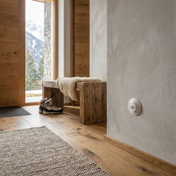 Lightstock Retro Unterputz-Bewegungsmelder aus weißem Porzellan im Chalet-Eingang mit Bergblick