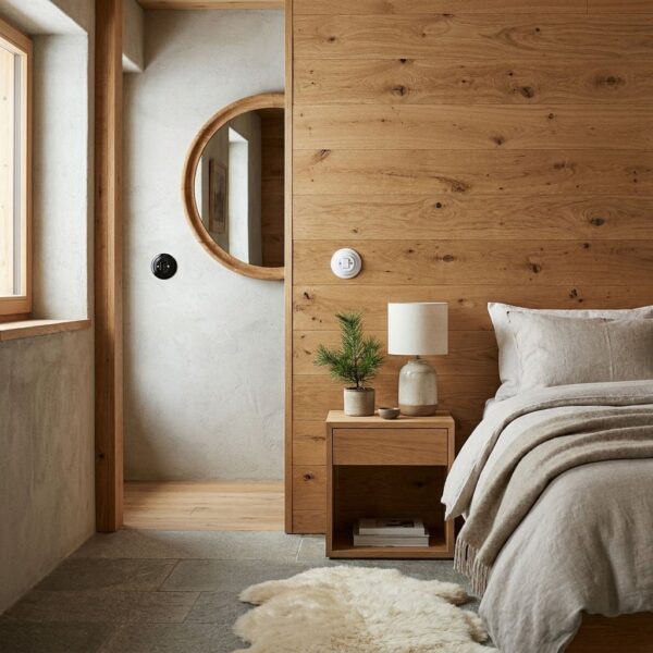 Lightstock Retro Unterputz-Kreuzschalter aus Porzellan in Schwarz und Weiß im Chalet-Schlafzimmer mit Eichenholzwand