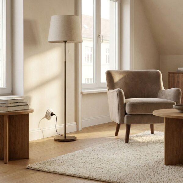 Lightstock Retro Unterputz-Steckdose aus weißem Porzellan mit angeschlossener Stehlampe im Wohnzimmer