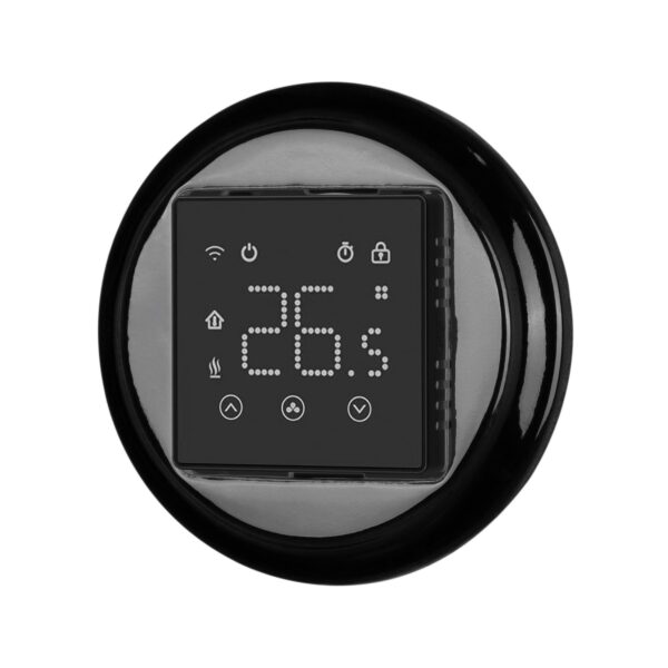 Retro Raumthermostat aus Porzellan in Schwarz für Unterputz, Schrägansicht mit beleuchtetem Display
