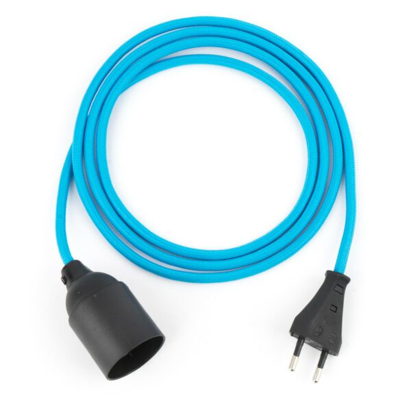 Textilkabel Pendellampe Blau, Textilkabel mit Lampenfassung aus Thermoplast und Eurostecker