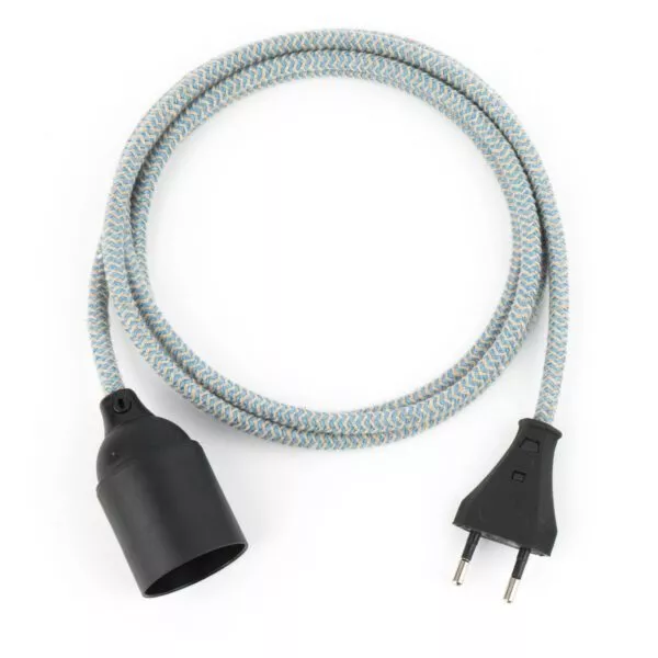 Textilkabel Pendellampe Leinen-Blau, Textilkabel mit Lampenfassung aus Thermoplast und Eurostecker
