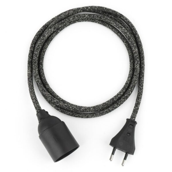 Textilkabel Pendellampe Schwarz-Melange, Textilkabel mit Lampenfassung aus Thermoplast und Eurostecker