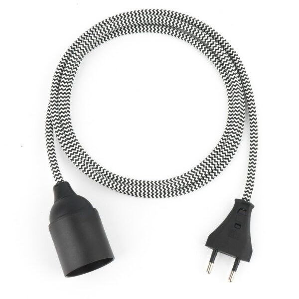 Textilkabel Pendellampe Schwarz-Weiß, Textilkabel mit Lampenfassung aus Thermoplast und Eurostecker