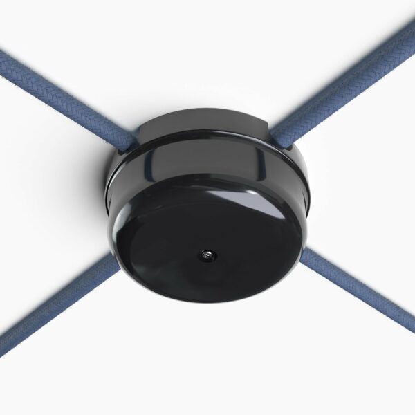 Dekorative Verteilerdose aus Porzellan mit 4 Auslässen, schwarz und textilkabel blau