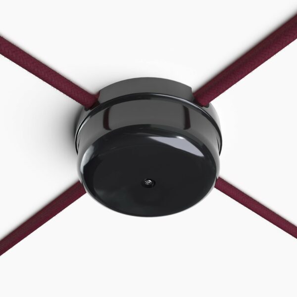 Dekorative Verteilerdose aus Porzellan mit 4 Auslässen, schwarz und textilkabel bordeaux-rot