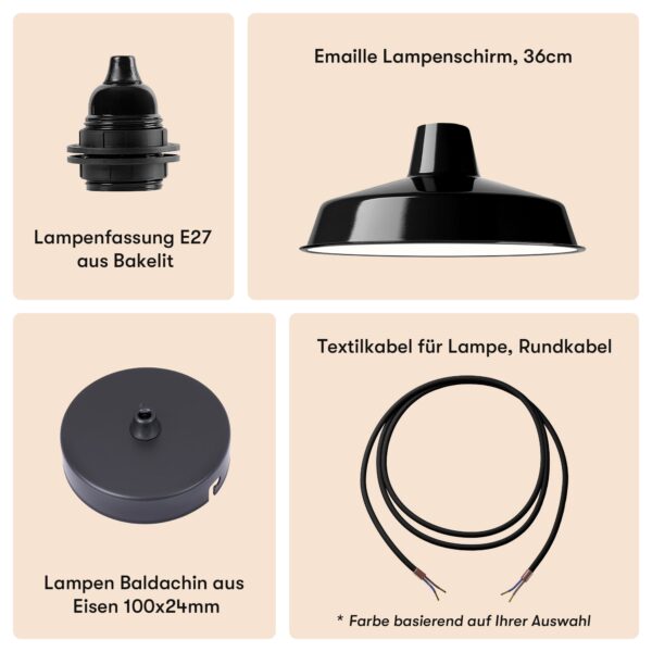 Einfacher Emaille Lampenschirm 36cm Schwarz + Lampenfassung E27 Bakelit + Deckenbaldachin Schwarz + Textilkabel Schwarz