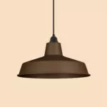 Industrielle Pendelleuchte mit Lampenschirm pulverbeschichtet Corten-Stahl, mit Textilkabel schwarz und Bakelit Lampenfassung