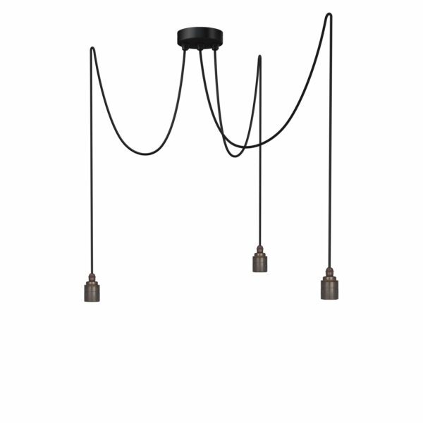 Mehrflammige Pendelleuchte Kraken, 3-flammig mit E27 fassung Old English und Textilkabel Schwarz