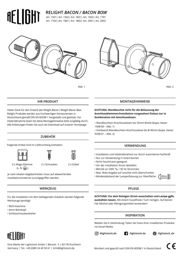 Montageanleitung für Relight Bacon und Relight Bacon Bow